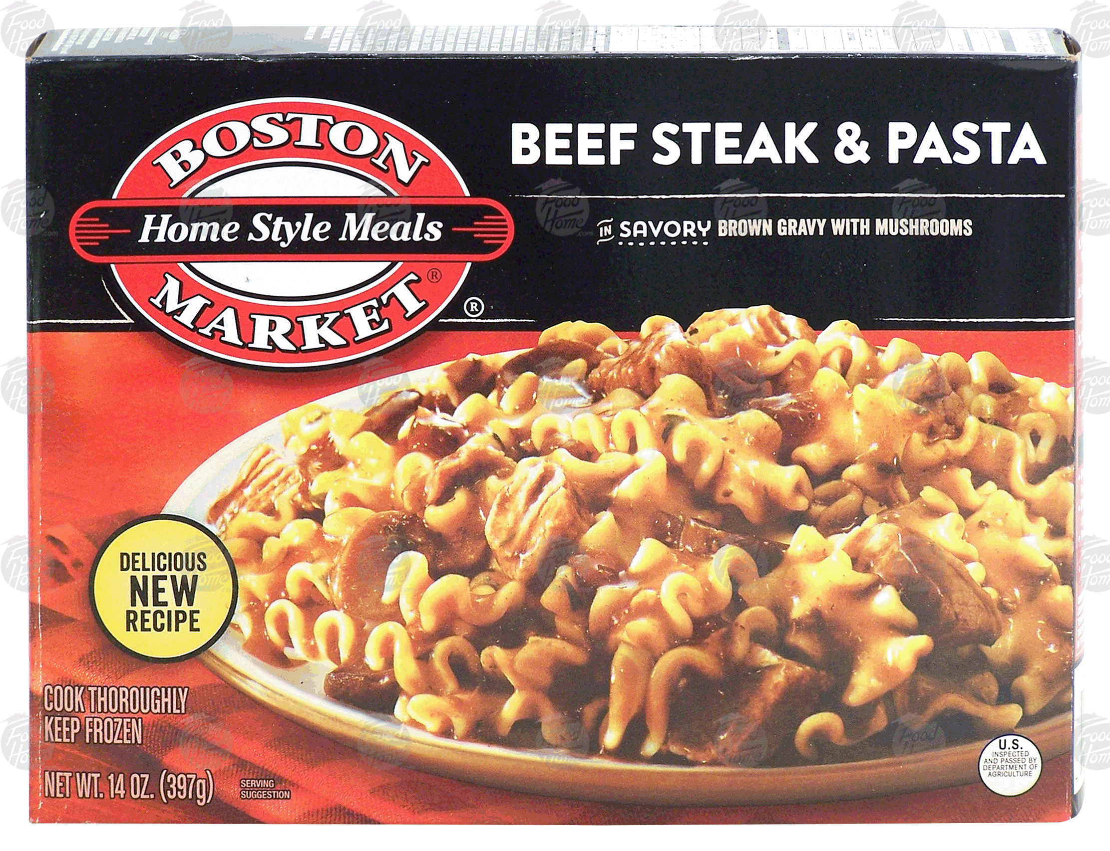 Boston Market Home Style Meals beef steak & pasta in a savory brown gravy with mushrooms Full-Size Picture